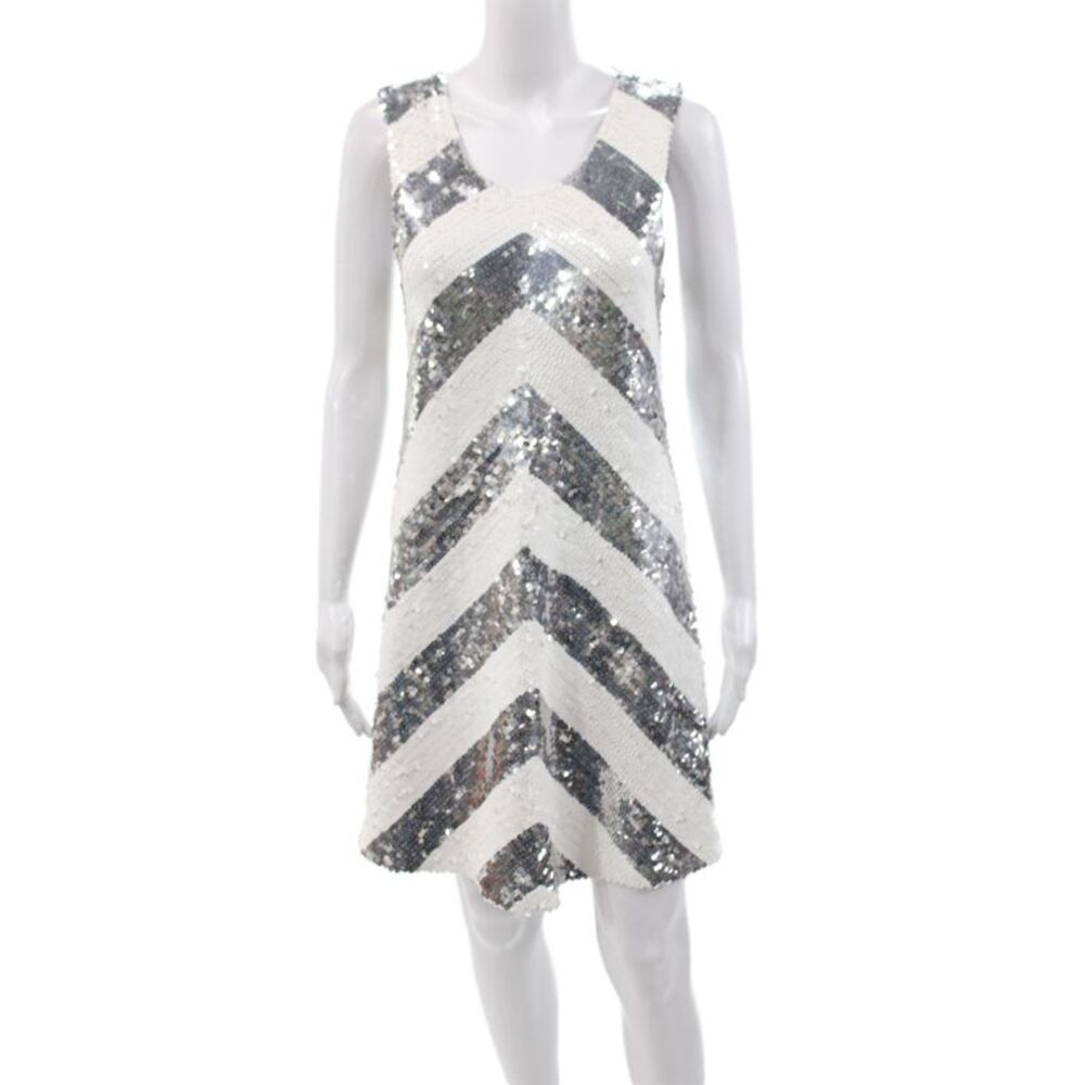 Alice + Olivia Women Mini Dress Silver Chevron Scoop Neck Sleeveless Size M